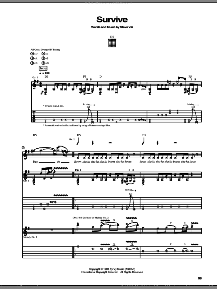 Survive sheet music for guitar (tablature) by Steve Vai, intermediate skill level