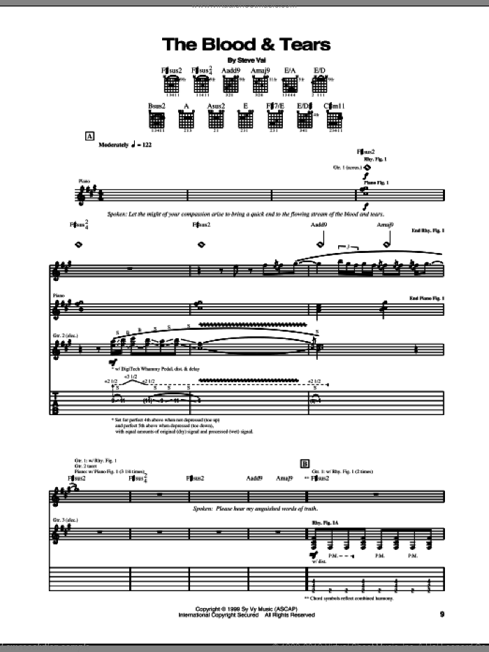The Blood and Tears sheet music for guitar (tablature) by Steve Vai, intermediate skill level