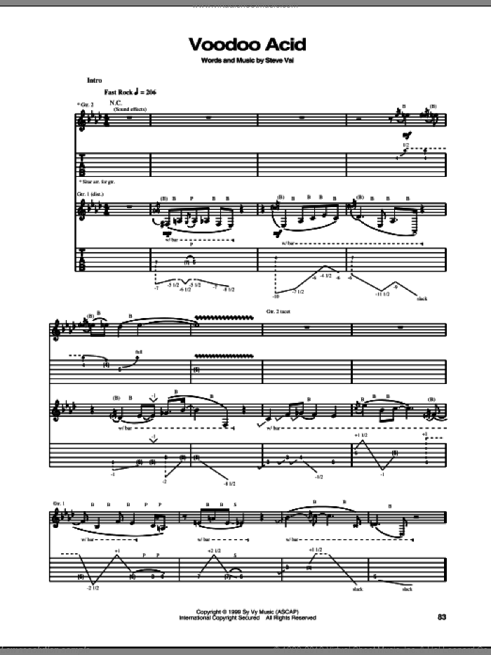 Voodoo Acid sheet music for guitar (tablature) by Steve Vai, intermediate skill level