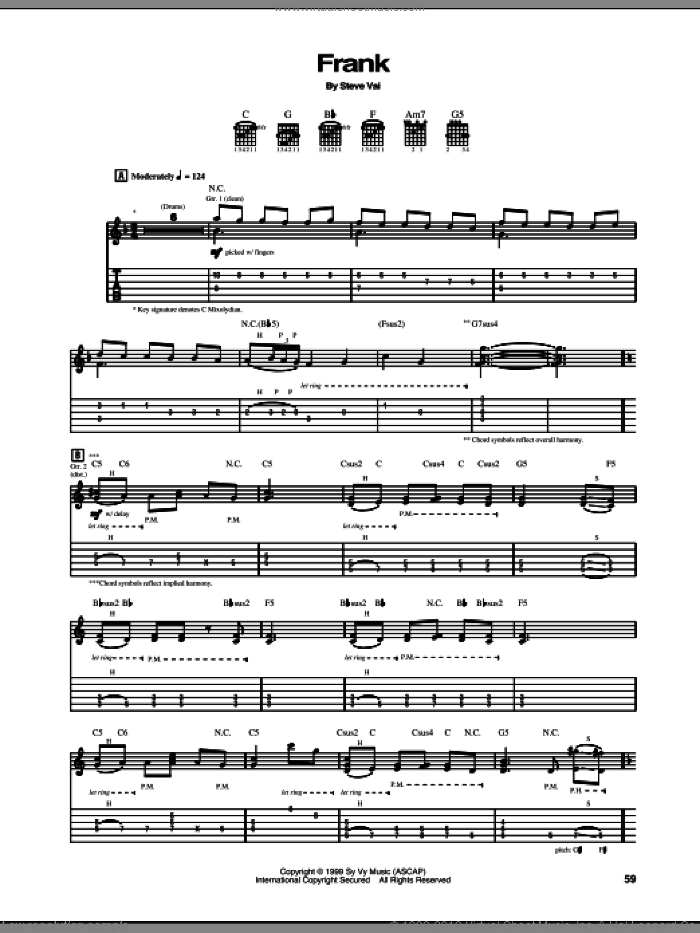 Frank sheet music for guitar (tablature) by Steve Vai, intermediate skill level