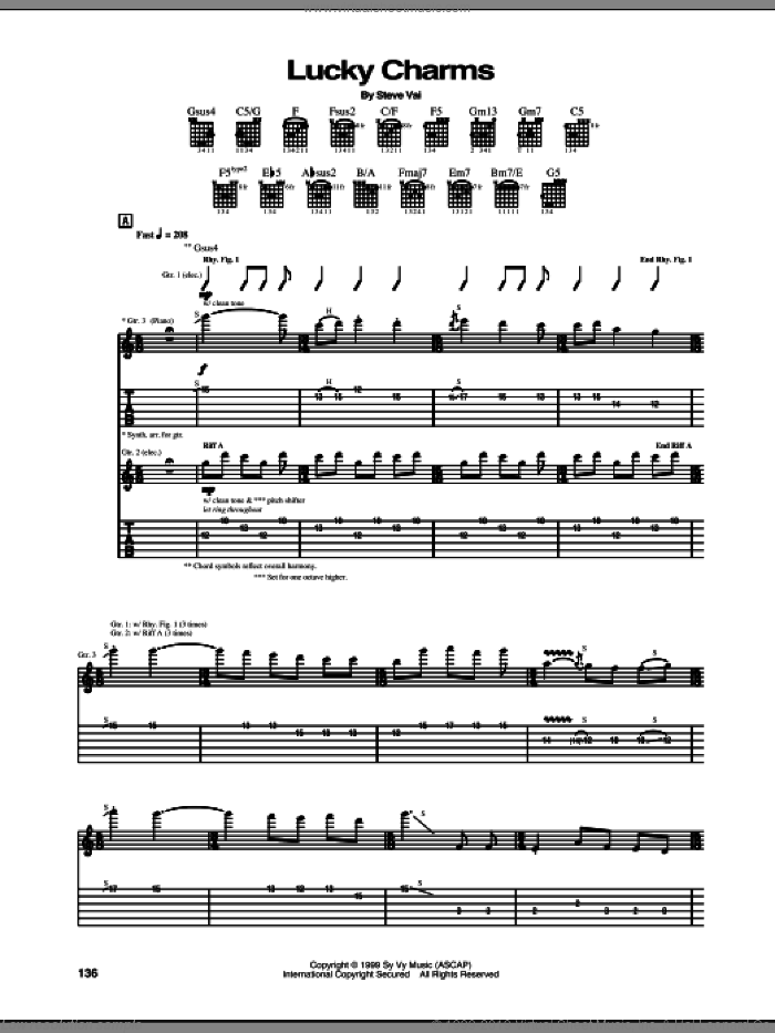 Lucky Charms sheet music for guitar (tablature) by Steve Vai, intermediate skill level