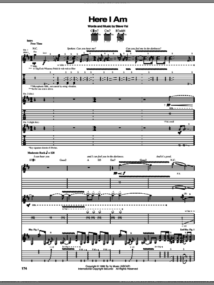 Here I Am sheet music for guitar (tablature) by Steve Vai, intermediate skill level
