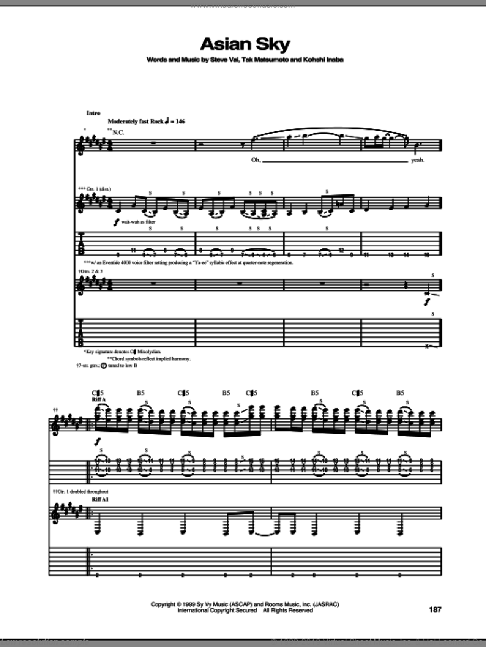 Asian Sky sheet music for guitar (tablature) by Steve Vai, Kohshi Inaba and Tak Matsumoto, intermediate skill level