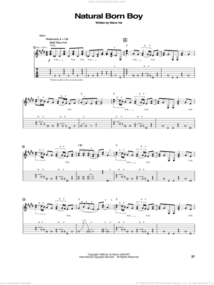 Natural Born Boy sheet music for guitar (tablature) by Steve Vai, intermediate skill level