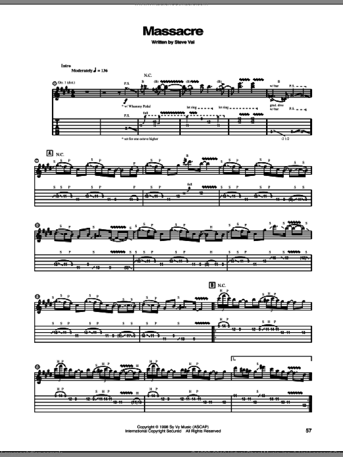 Massacre sheet music for guitar (tablature) by Steve Vai, intermediate skill level