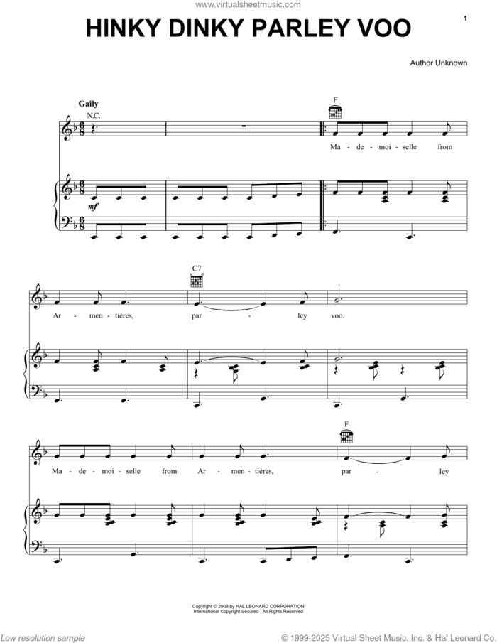 Hinky Dinky Parley Voo sheet music for voice, piano or guitar, intermediate skill level