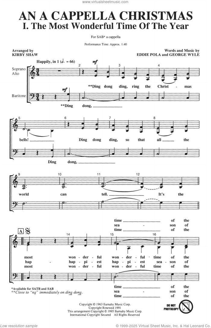 An A Cappella Christmas sheet music for choir (SAB: soprano, alto, bass) by Mel Torme, Kirby Shaw and Robert Wells, intermediate skill level