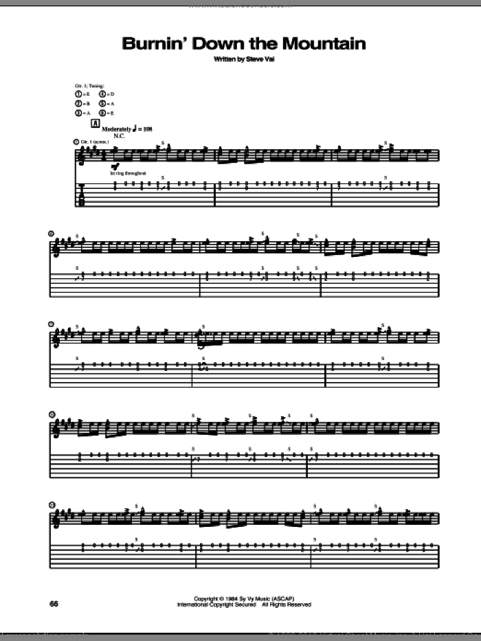 Burnin' Down The Mountain sheet music for guitar (tablature) by Steve Vai, intermediate skill level