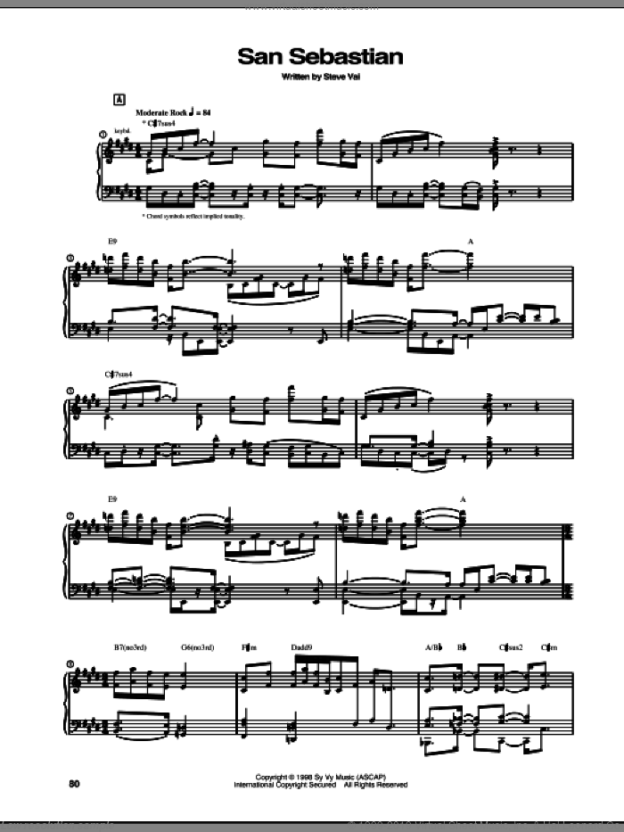 San Sebastian sheet music for guitar (tablature) by Steve Vai, intermediate skill level