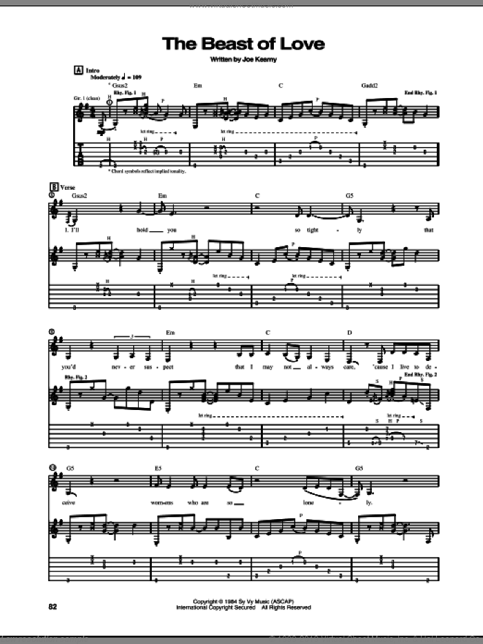 The Beast Of Love sheet music for guitar (tablature) by Steve Vai and Joe Kearny, intermediate skill level
