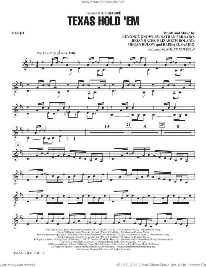 Texas Hold 'Em (arr. Roger Emerson) sheet music for orchestra/band (banjo) by Raphael Saadiq, Roger Emerson, Beyonce, Beyonce Knowles, Brian Bates, Elizabeth Boland, Megan Bulow and Nathan Ferraro, intermediate skill level