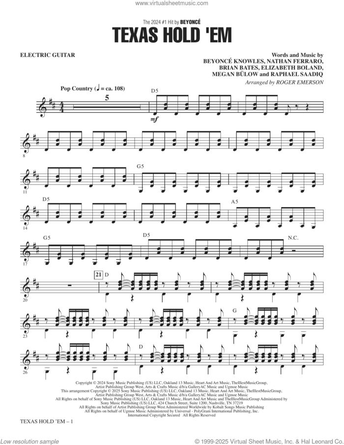 Texas Hold 'Em (arr. Roger Emerson) sheet music for orchestra/band (electric guitar) by Raphael Saadiq, Roger Emerson, Beyonce, Beyonce Knowles, Brian Bates, Elizabeth Boland, Megan Bulow and Nathan Ferraro, intermediate skill level