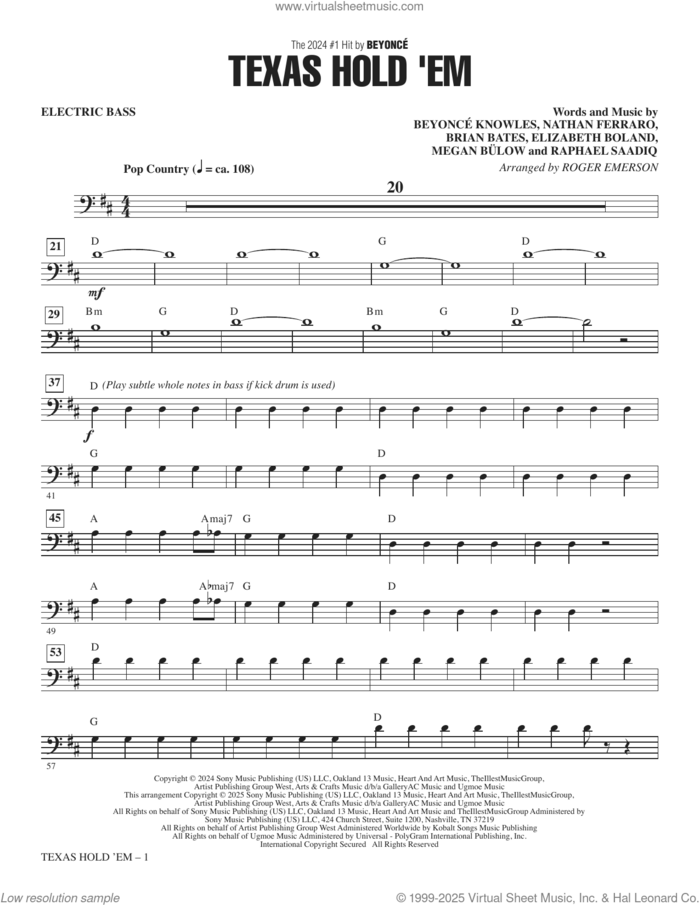 Texas Hold 'Em (arr. Roger Emerson) sheet music for orchestra/band (electric bass) by Raphael Saadiq, Roger Emerson, Beyonce, Beyonce Knowles, Brian Bates, Elizabeth Boland, Megan Bulow and Nathan Ferraro, intermediate skill level