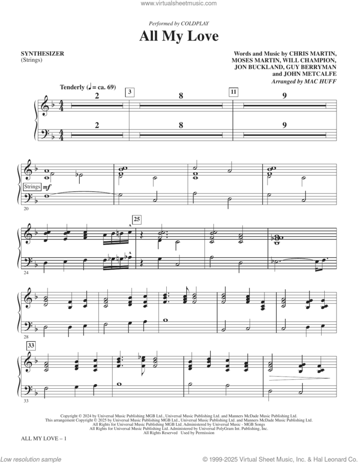 All My Love (arr. Mac Huff) (complete set of parts) sheet music for orchestra/band (Rhythm) by Coldplay, Chris Martin, Guy Berryman, John Metcalfe, Jon Buckland, Mac Huff, Moses Martin and Will Champion, intermediate skill level