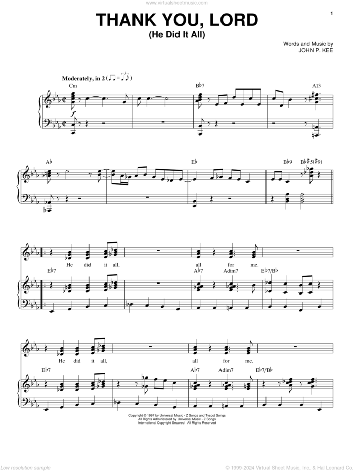 Thank You, Lord (He Did It All) sheet music for voice, piano or guitar by John P. Kee, intermediate skill level