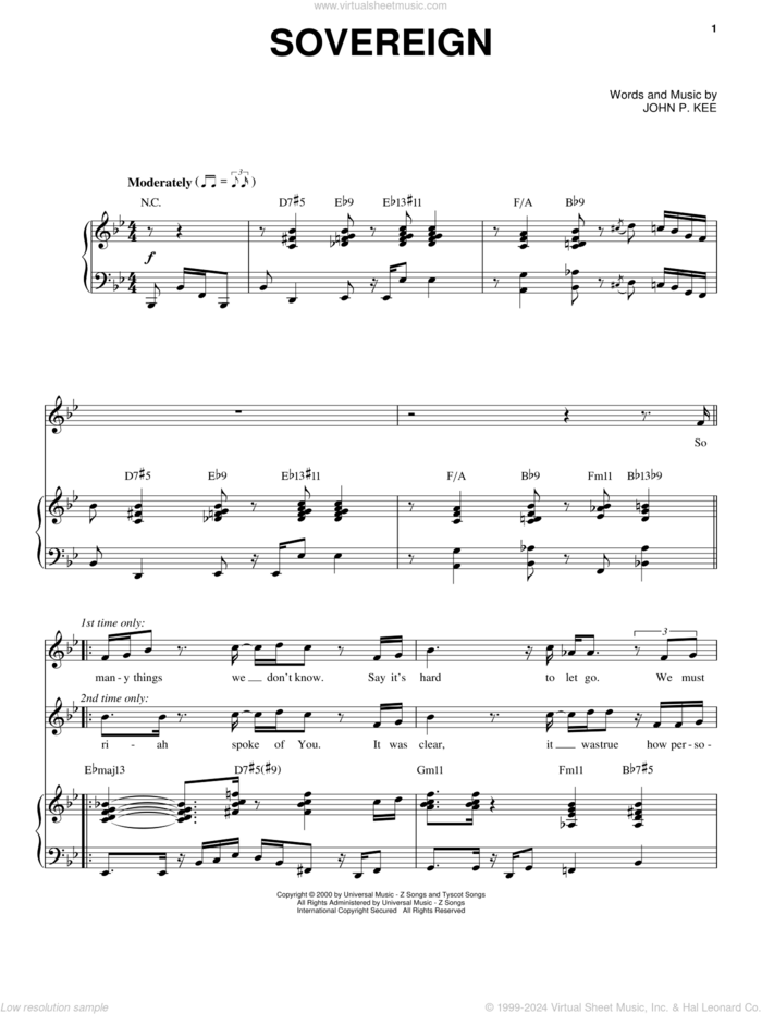 Sovereign sheet music for voice, piano or guitar by John P. Kee, intermediate skill level