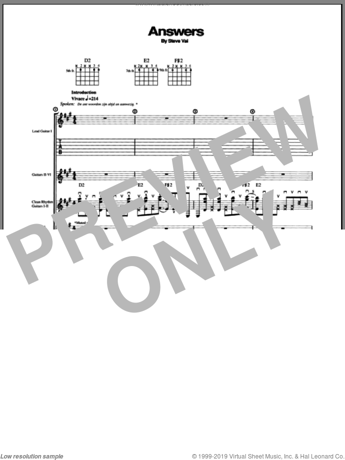 Answers sheet music for guitar (tablature) by Steve Vai, intermediate skill level