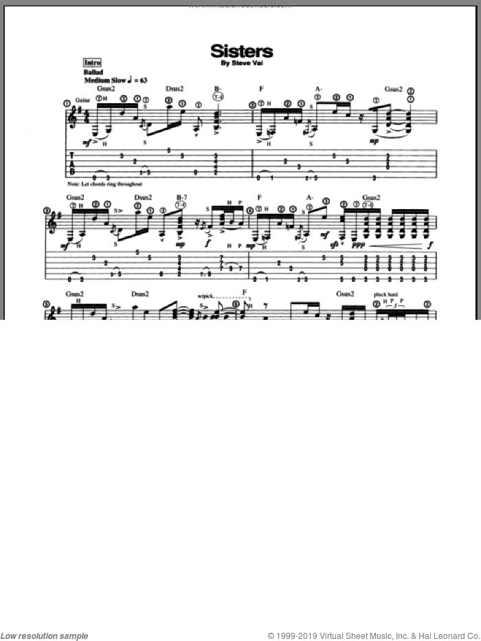 Sisters sheet music for guitar (tablature) by Steve Vai, intermediate skill level