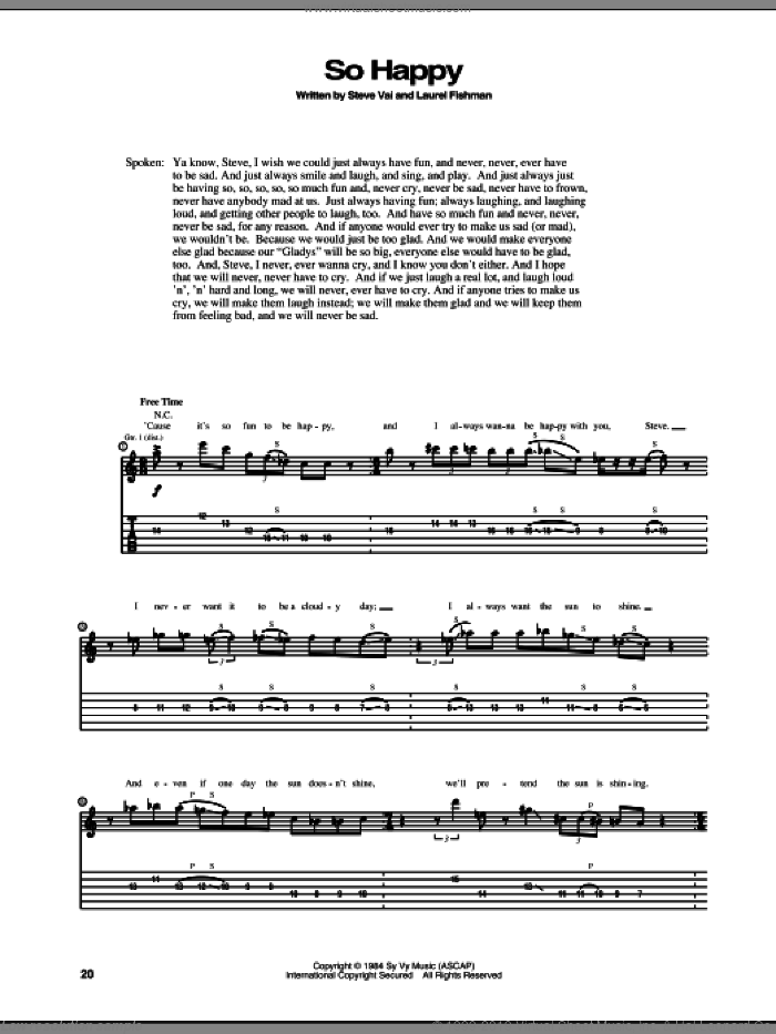 So Happy sheet music for guitar (tablature) by Steve Vai and Laurel Fishman, intermediate skill level