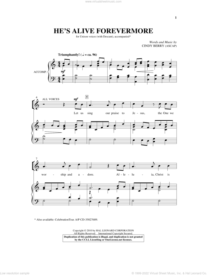 He's Alive Forevermore sheet music for choir (Unison) by Cindy Berry, intermediate skill level