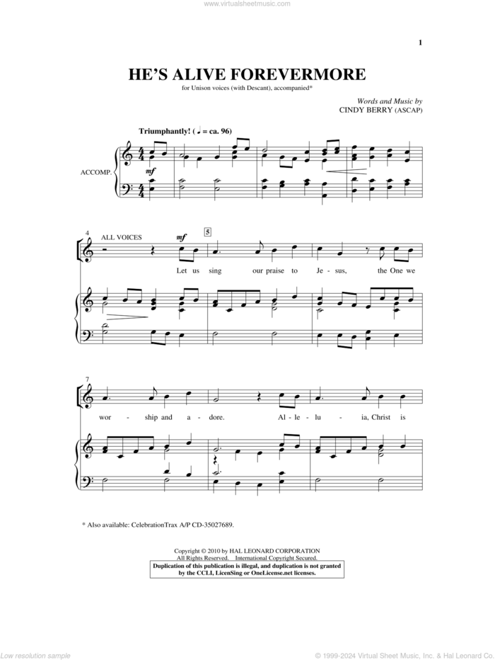 He's Alive Forevermore sheet music for choir (Unison) by Cindy Berry, intermediate skill level