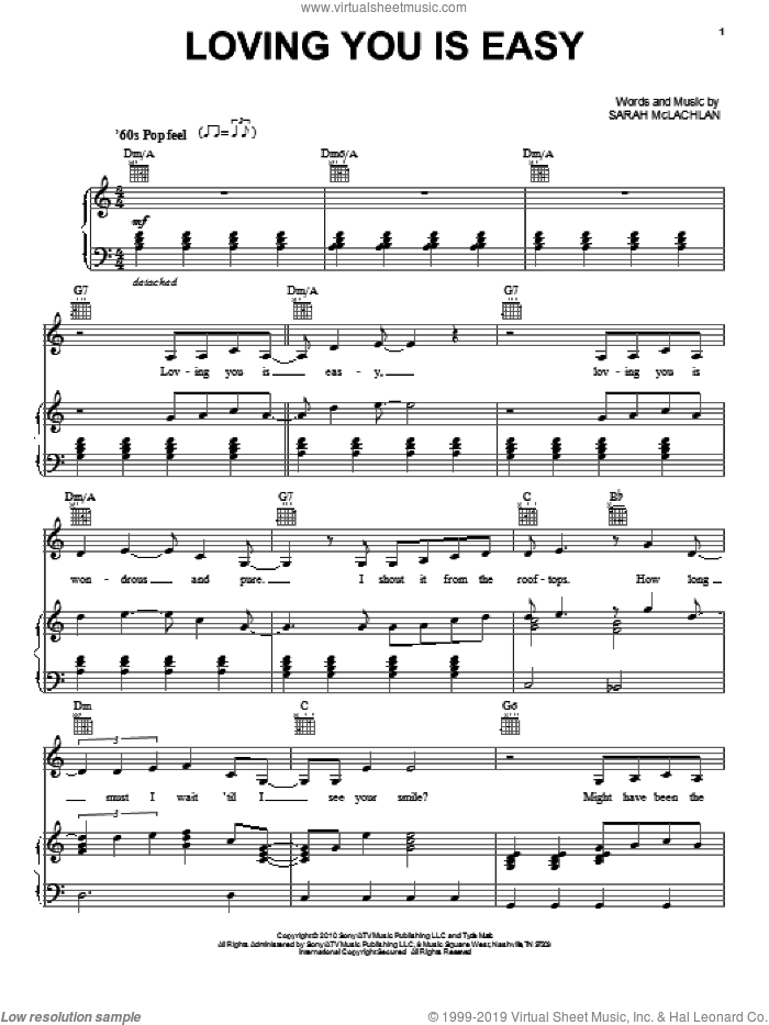 Loving You Is Easy sheet music for voice, piano or guitar by Sarah McLachlan, intermediate skill level