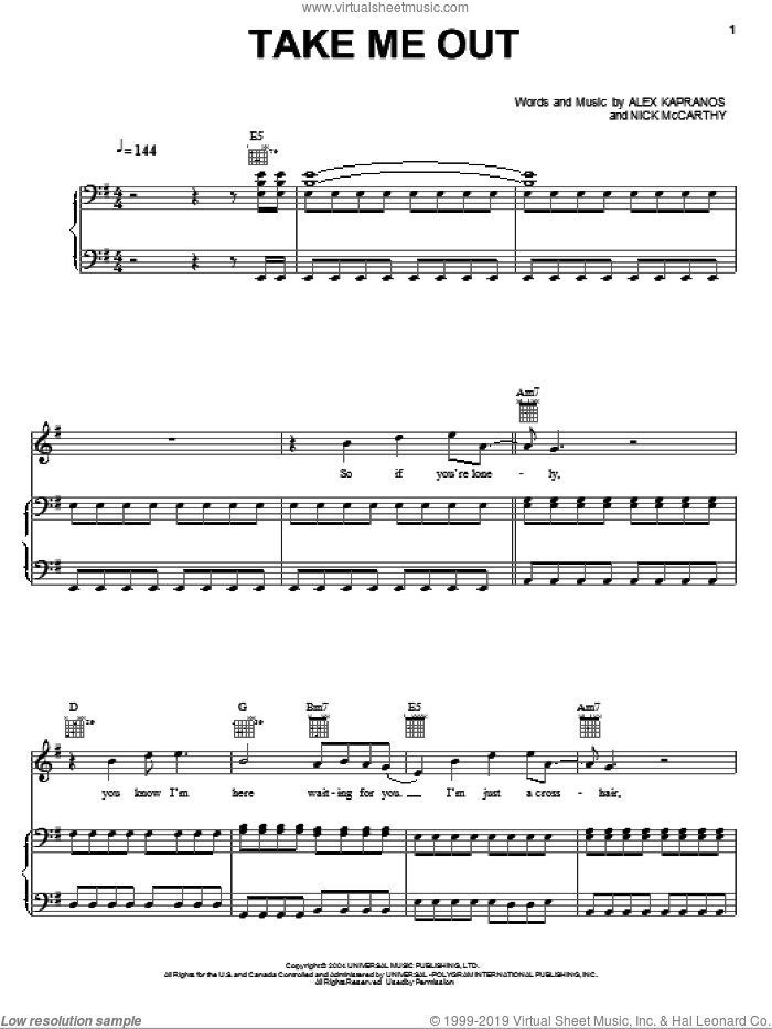 Take Me Out sheet music for voice, piano or guitar by Franz Ferdinand, Alex Kapranos and Nicholas McCarthy, intermediate skill level