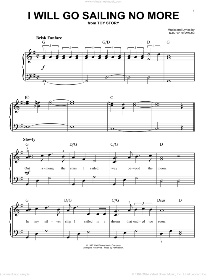 I Will Go Sailing No More (from Toy Story) sheet music for piano solo by Randy Newman and Toy Story (Movie), easy skill level