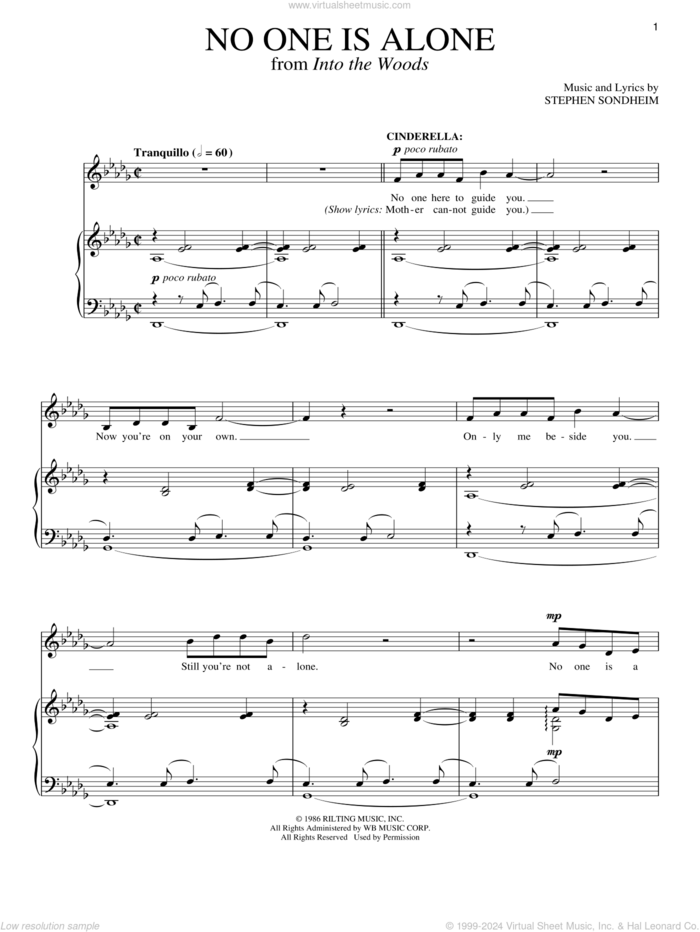 No One Is Alone (from Into The Woods) sheet music for voice and piano by Stephen Sondheim and Into The Woods (Musical), intermediate skill level