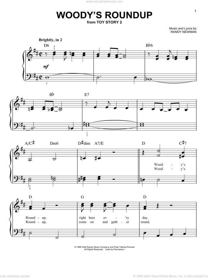 Woody's Roundup (from Toy Story 2) sheet music for piano solo by Riders in the Sky, Toy Story 2 (Movie) and Randy Newman, easy skill level