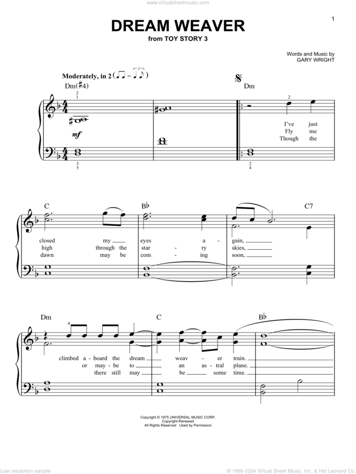 Dream Weaver sheet music for piano solo by Gary Wright and Toy Story 3 (Movie), easy skill level