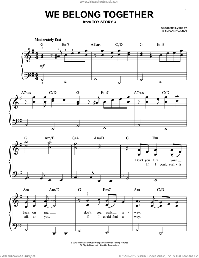 We Belong Together (from Toy Story 3), (easy) sheet music for piano solo by Randy Newman and Toy Story 3 (Movie), easy skill level