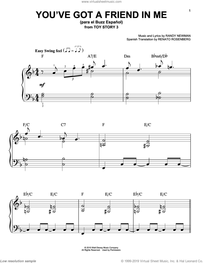 You've Got a Friend in Me (para el Buzz Espanol) (from Toy Story 3) sheet music for piano solo by Randy Newman, The Gipsy Kings, Toy Story 3 (Movie) and Renato Rosenberg, easy skill level