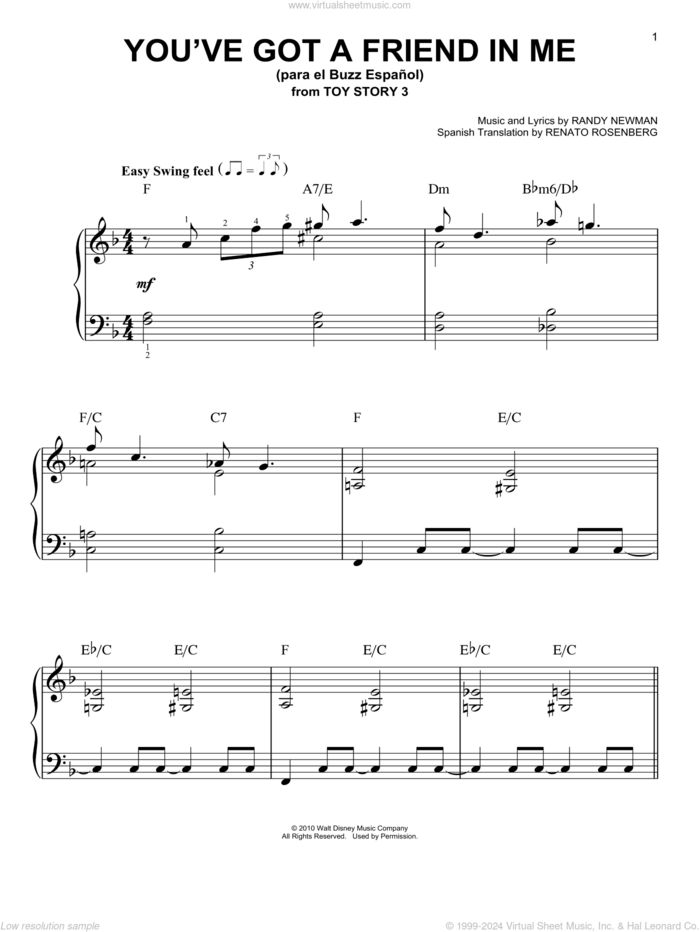 You've Got a Friend in Me (para el Buzz Espanol) (from Toy Story 3) sheet music for piano solo by Randy Newman, The Gipsy Kings, Toy Story 3 (Movie) and Renato Rosenberg, easy skill level