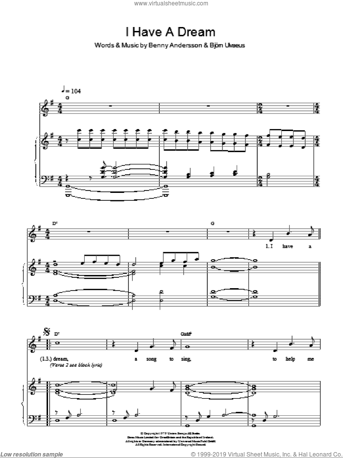 I Have A Dream sheet music for piano solo by ABBA, Benny Andersson and Bjorn Ulvaeus, easy skill level