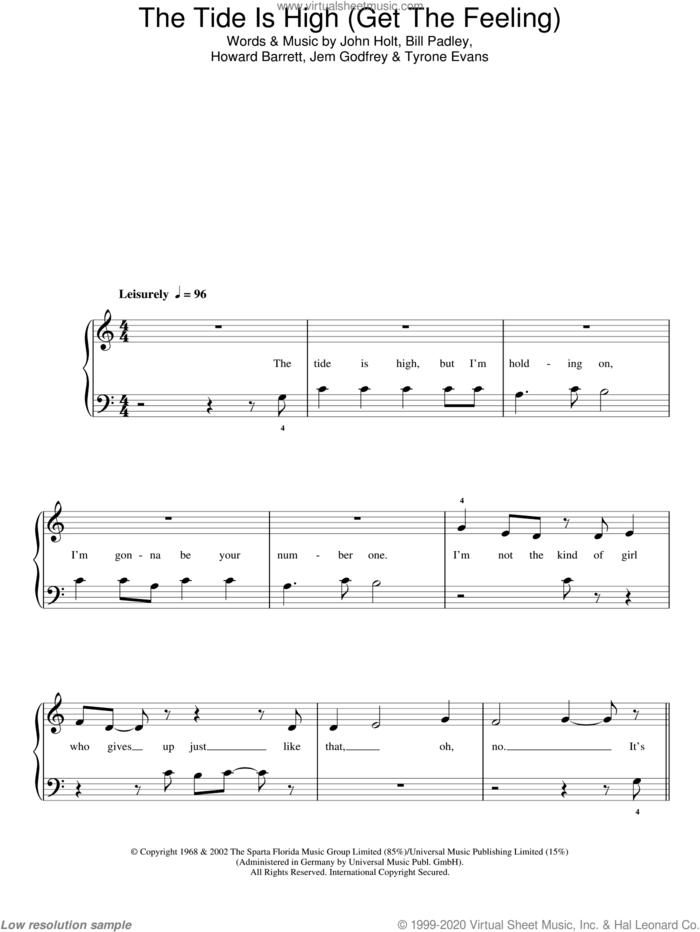 The Tide Is High (Get The Feeling) sheet music for piano solo by Blondie, Bill Padley, Howard Barrett, Jem Godfrey, John Holt and Tyrone Evans, easy skill level
