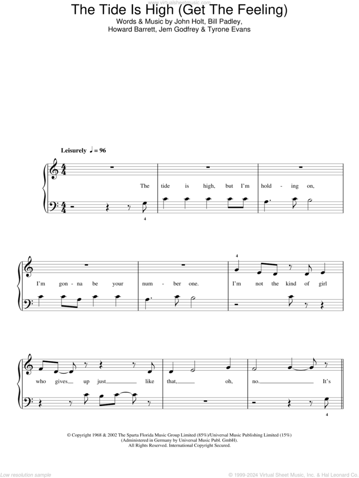 The Tide Is High (Get The Feeling) sheet music for piano solo by Blondie, Bill Padley, Howard Barrett, Jem Godfrey, John Holt and Tyrone Evans, easy skill level