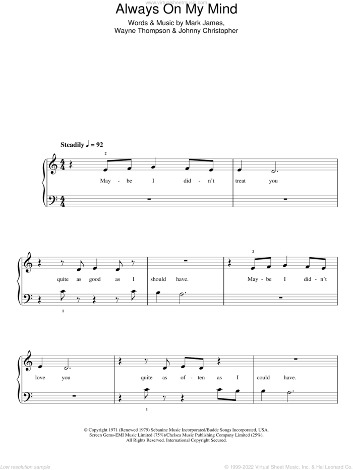 Always On My Mind sheet music for piano solo by Elvis Presley, Johnny Christopher, Mark James and Wayne Thompson, easy skill level