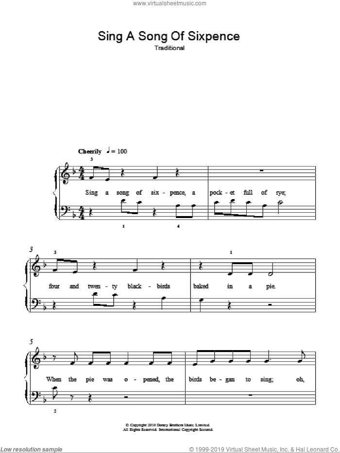 Sing A Song Of Sixpence sheet music for piano solo, easy skill level