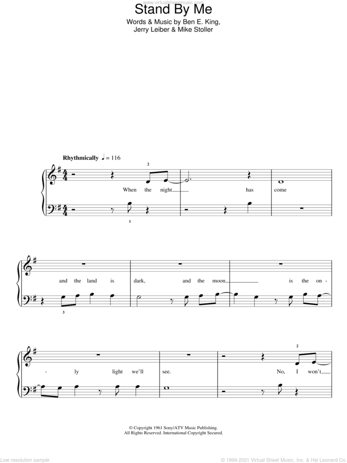 Stand By Me sheet music for piano solo by Ben E. King, Leiber & Stoller, Jerry Leiber and Mike Stoller, easy skill level