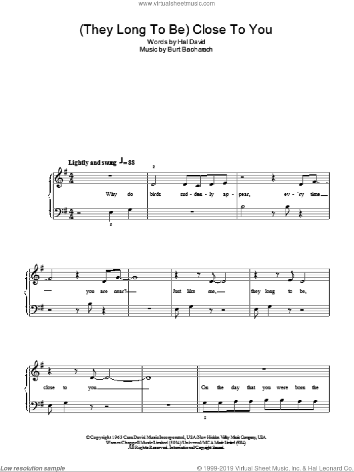 (They Long To Be) Close To You sheet music for piano solo by Carpenters, Burt Bacharach and Hal David, easy skill level