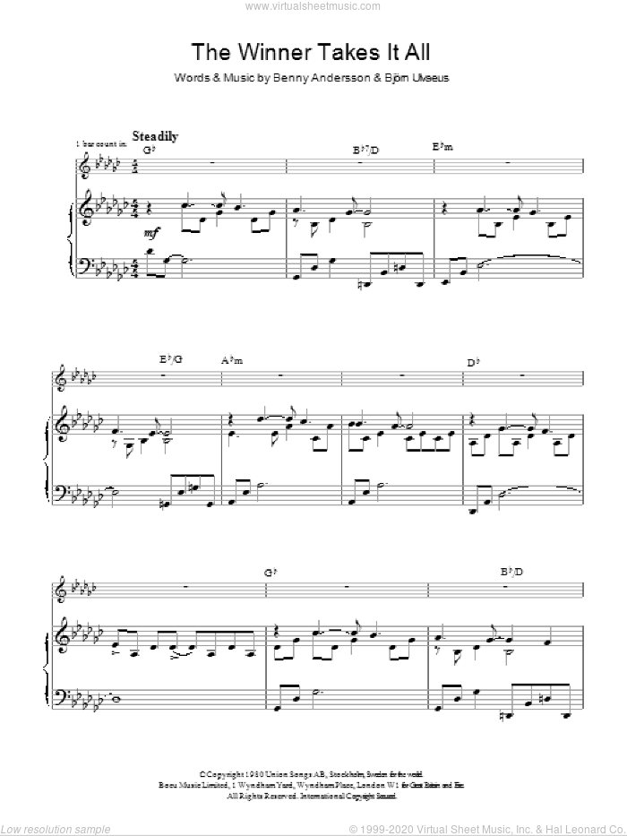 The Winner Takes It All sheet music for voice, piano or guitar by ABBA, Benny Andersson and Bjorn Ulvaeus, intermediate skill level