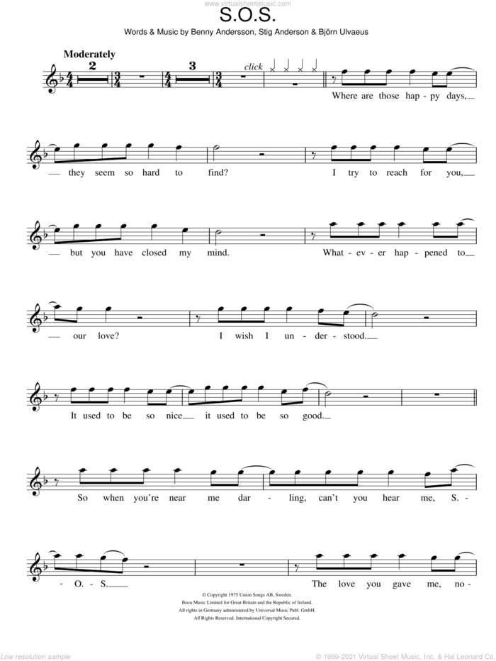 S.O.S. sheet music for flute solo by ABBA, Benny Andersson, Bjorn Ulvaeus and Stig Anderson, intermediate skill level