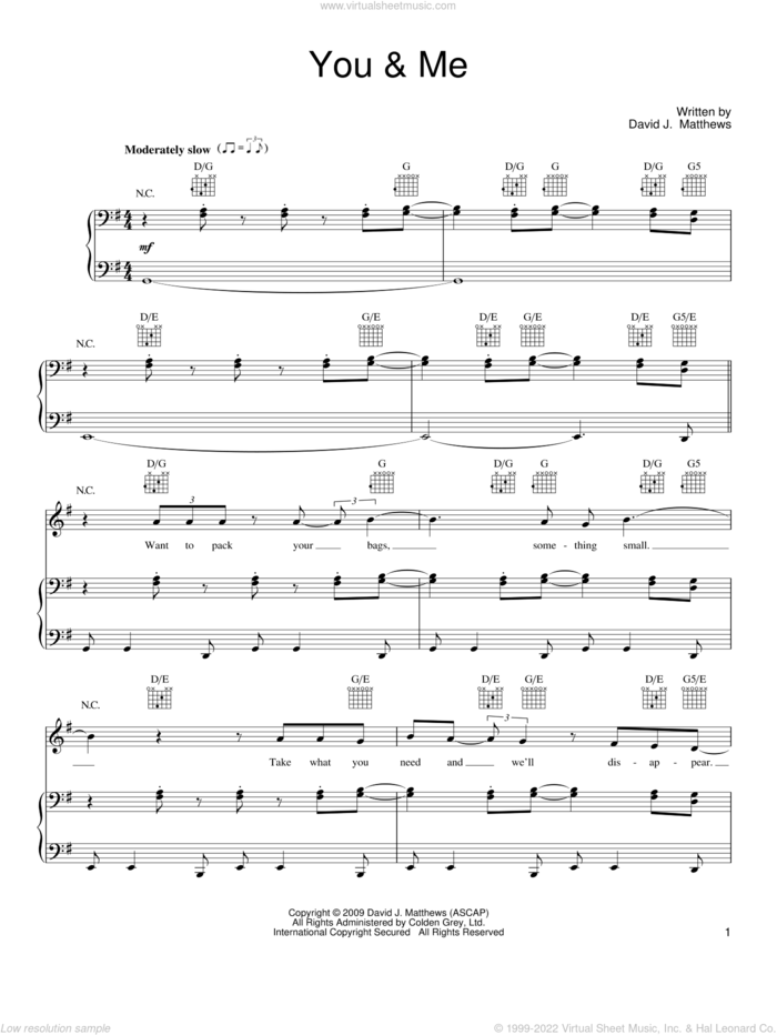 You and Me sheet music for voice, piano or guitar by Dave Matthews Band, wedding score, intermediate skill level