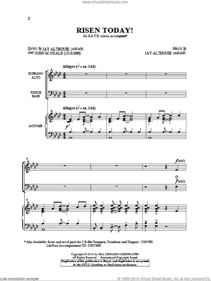 Risen Today! sheet music for choir (SATB: soprano, alto, tenor, bass) by Jay Althouse and John Mason Neale, intermediate skill level