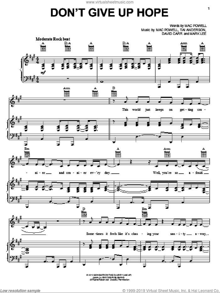 Don't Give Up Hope sheet music for voice, piano or guitar by Third Day, David Carr, Mac Powell, Mark Lee and Tai Anderson, intermediate skill level