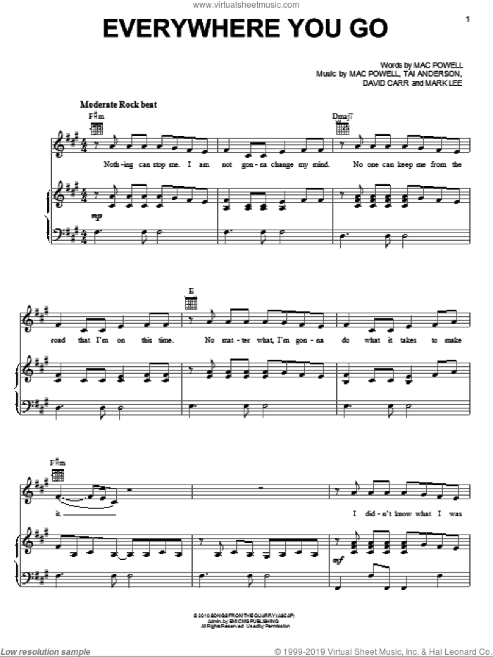 Everywhere You Go sheet music for voice, piano or guitar by Third Day, David Carr, Mac Powell, Mark Lee and Tai Anderson, intermediate skill level