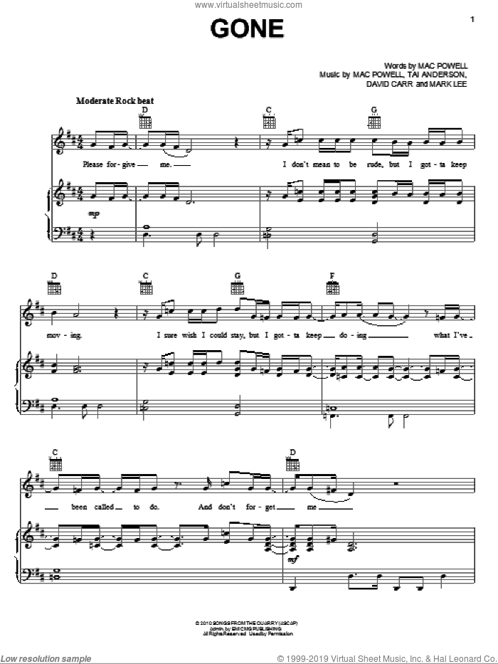 Gone sheet music for voice, piano or guitar by Third Day, David Carr, Mac Powell, Mark Lee and Tai Anderson, intermediate skill level