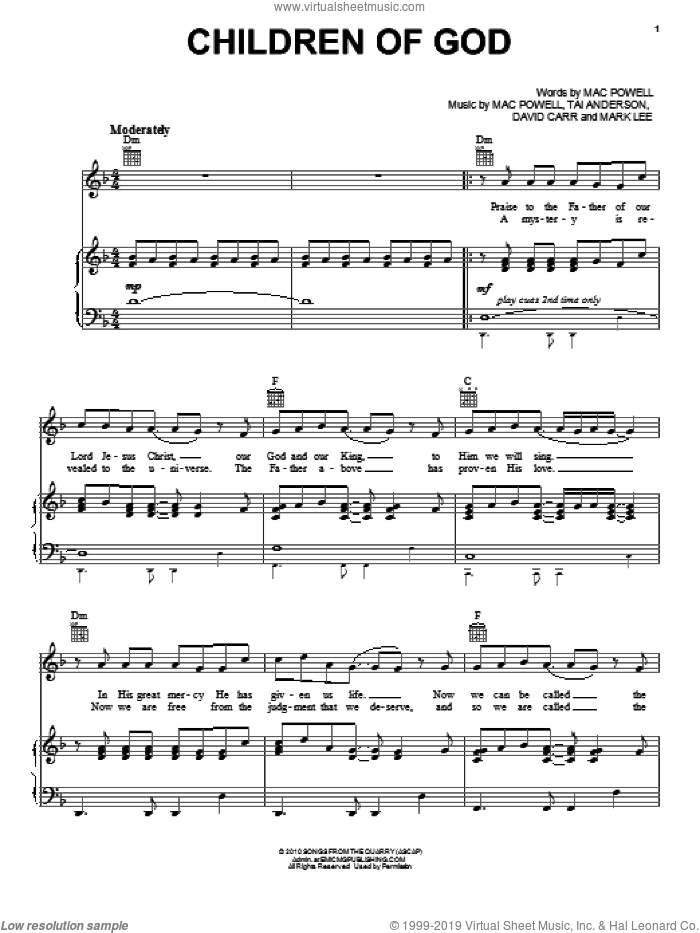 Children Of God sheet music for voice, piano or guitar by Third Day, David Carr, Mac Powell, Mark Lee and Tai Anderson, intermediate skill level