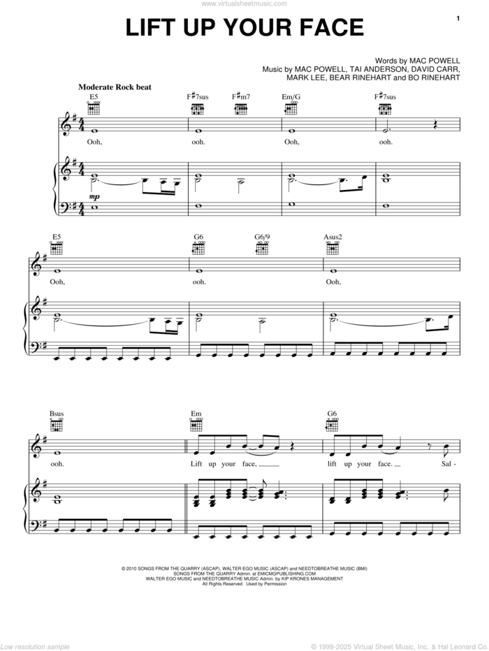 Lift Up Your Face sheet music for voice, piano or guitar by Third Day, Bear Rinehart, Bo Rinehart, David Carr, Mac Powell, Mark Lee and Tai Anderson, intermediate skill level